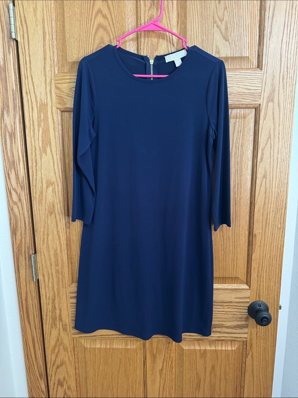Michael Kors Navy Midi Shift Dress with Three-Quarter Sleeves
